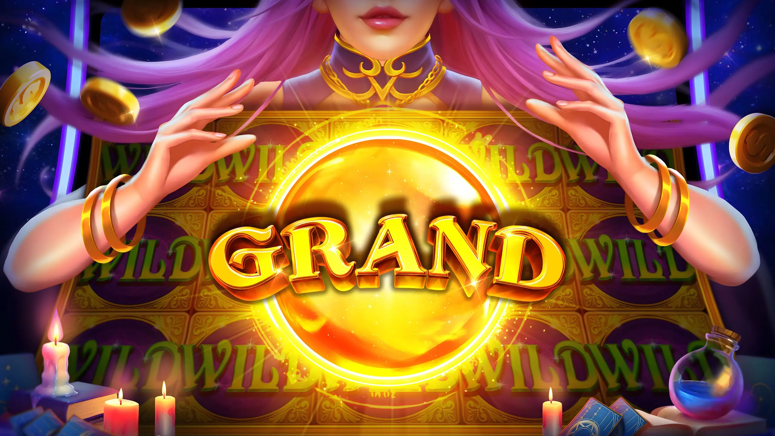 Fantasy-themed slot artwork with a fortune teller and a glowing orb